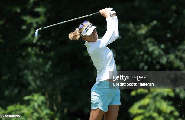 Jessica Korda hits her tee shot on the 17th hole during the first round of the KPMG Women's PGA Championship at Kemper Lakes Golf Club on June 28,...