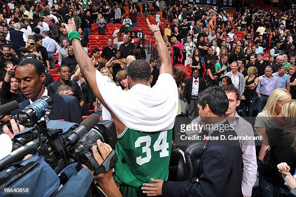 Paul Pierce of the Boston Celtics celebrates against the Miami Heat in Game Three of the Eastern Conference Quarterfinals during the 2010 NBA...
