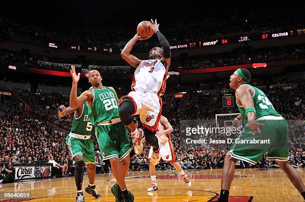 Dwyane Wade of the Miami Heat shoots against Ray Allen of the Boston Celtics in Game Three of the Eastern Conference Quarterfinals during the 2010...