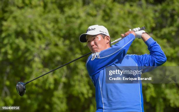 Rodrigo Lee of Brazil hits a stee shot on the 15th hole during the final round of the PGA TOUR Latinoamerica 59º Abierto Mexicano de Golf at Club...