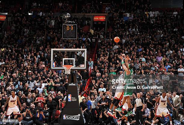 Paul Pierce of the Boston Celtics shoots the game winning shot against the Miami Heat in Game Three of the Eastern Conference Quarterfinals during...
