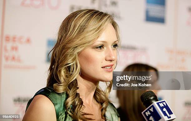 Actress Kerry Bishe is interviewed at the premiere of "Nice Guy Johnny" during The 2010 Tribeca Film Festival at the Tribeca Performing Arts Center...