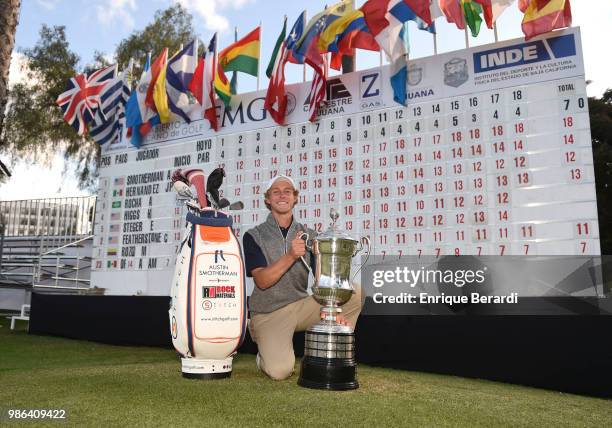 Austin Smotherman of the United States poses with the trophy after winning the PGA TOUR Latinoamerica 59º Abierto Mexicano de Golf at Club Campestre...