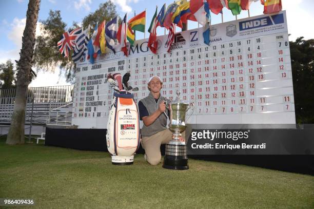 Austin Smotherman of the United States poses with the trophy after winning the PGA TOUR Latinoamerica 59º Abierto Mexicano de Golf at Club Campestre...