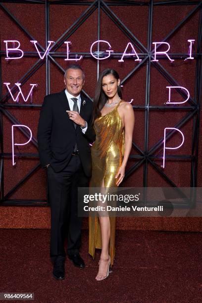 Bella Hadid and Jean-Christophe Babin attend BVLGARI Dinner & Party at Stadio dei Marmi on June 28, 2018 in Rome, Italy.