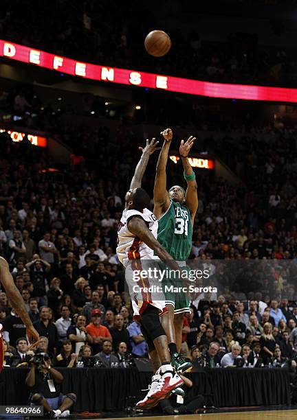 Forward Paul Pierce of the Boston Celtics hits the game winning shot to defeat the Miami Heat 100-98 in Game Three of the Eastern Conference...