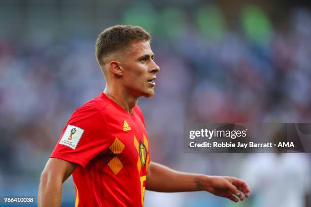 Thorgan Hazard of Belgium in action during the 2018 FIFA World Cup Russia group G match between England and Belgium at Kaliningrad Stadium on June...