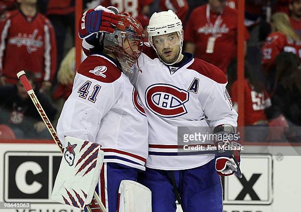 Jaroslav Halak Andrei Markov of the Montreal Canadiens celebrate after defeating the Washington Capitals in Game Five of the Eastern Conference...