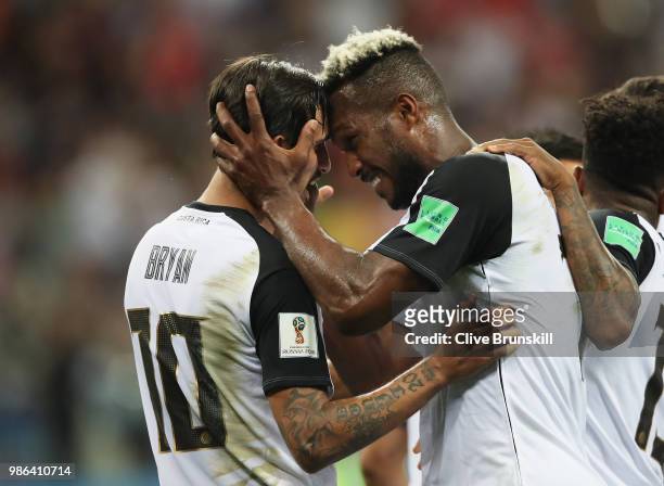 Bryan Ruiz of Costa Rica scorer of his teams second goal from the penalty spot celebrates with scorer of Costa Rica's first goal Kendall Waston...
