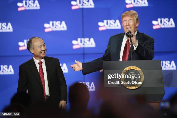 President Donald Trump and Masayoshi Son, founder and chief executive officer of SoftBank, participate in a groundbreaking ceremony for the $10...