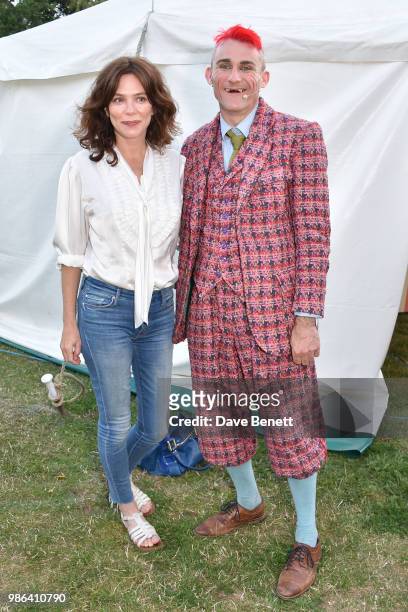 Anna Friel and Tweedy The Clown attend the press night performance of Giffords Circus "My Beautiful Circus" at Chiswick House & Gardens on June 28,...