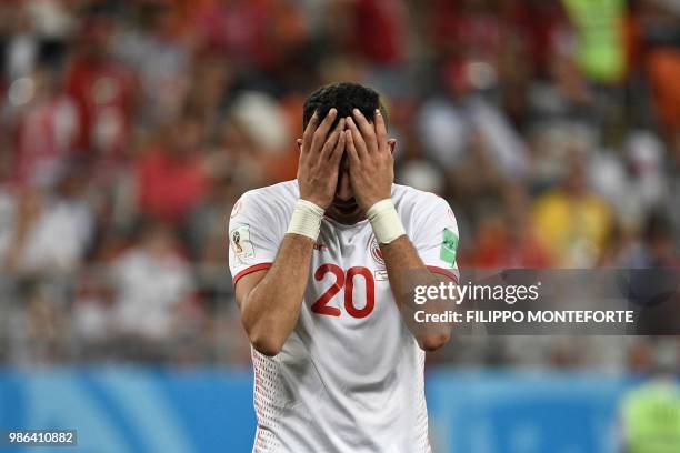 Tunisia's midfielder Ghailene Chaalali reacts during the Russia 2018 World Cup Group G football match between Panama and Tunisia at the Mordovia...