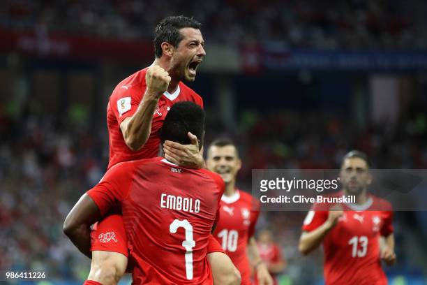 Blerim Dzemaili of Switzerland celebrates with team mates after scoring his teams forst goal during the 2018 FIFA World Cup Russia group E match...