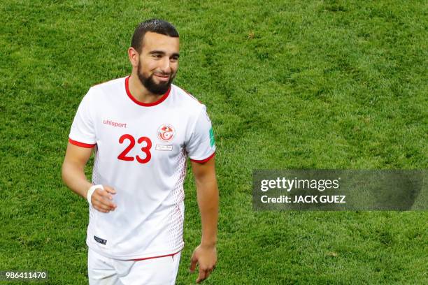 Tunisia's forward Naim Sliti smiles at the end of the Russia 2018 World Cup Group G football match between Panama and Tunisia at the Mordovia Arena...