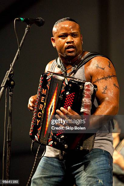 Zydeco accordionist Dwayne Dopsie of Dwayne Dopsie and the Zydeco Hellraisers performs during day 1 of the 41st annual New Orleans Jazz & Heritage...