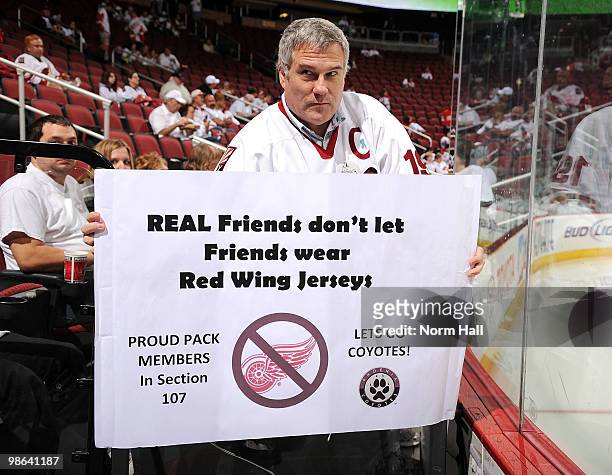 Phoenix Coyotes fan shows his support during warm-ups prior to taking on the Detroit Red Wings in Game Five of the Western Conference Quarterfinals...