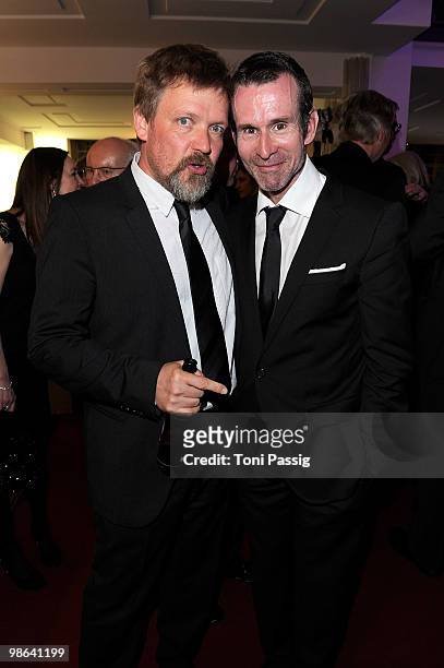 Actor Justus von Dohnanyi and actor Ulrich Matthes attend the aftershow party of 'German film award' at Friedrichstadtpalast on April 23, 2010 in...