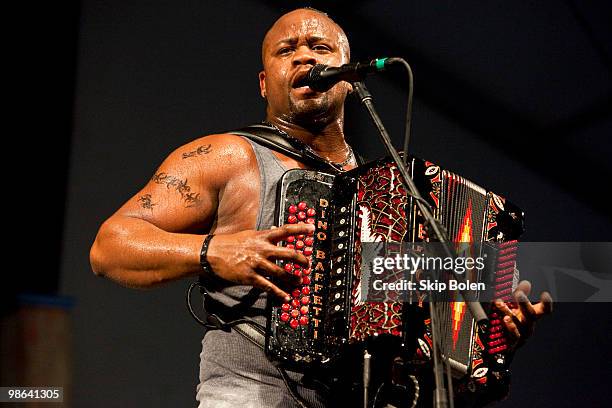 Zydeco accordionist Dwayne Dopsie of Dwayne Dopsie and the Zydeco Hellraisers performs during day 1 of the 41st annual New Orleans Jazz & Heritage...