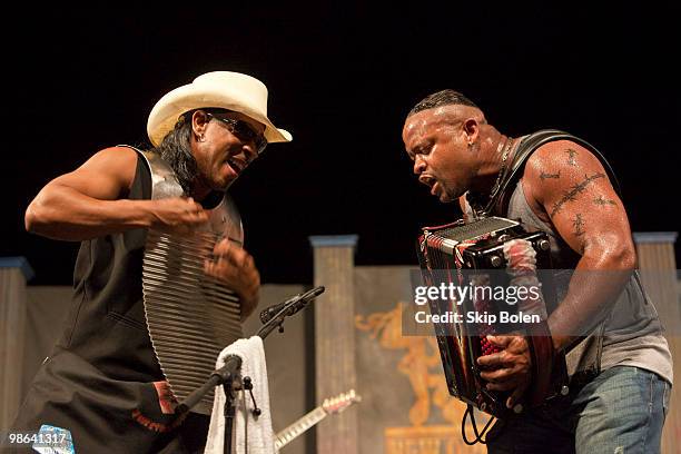 Zydeco Washboard player Rockin' Dopsie and his brother and Zydeco accordionist Dwayne Dopsie performs during day 1 of the 41st annual New Orleans...