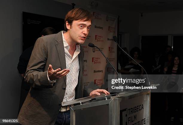 Screenwriter Brett Wagner speaks at the TFI Awards Ceremony during the 2010 Tribeca Film Festival at The Union Square Ballroom on April 23, 2010 in...