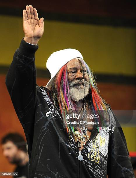 Singer George Clinton performs during Day 1 of the 41st Annual New Orleans Jazz & Heritage Festival Presented by Shell at the Fair Grounds Race...