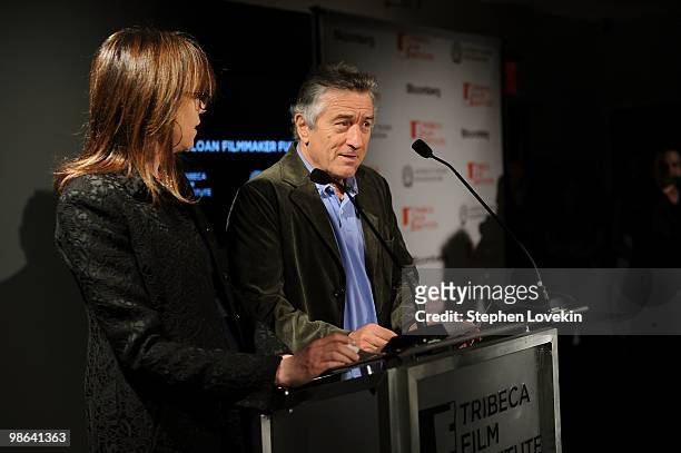 Tribeca Film Festival co-founders Jane Rosenthal and Robert De Niro speak at the TFI Awards Ceremony during the 2010 Tribeca Film Festival at The...