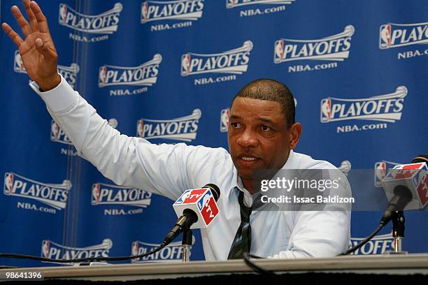 Boston Celtics head coach Doc Rivers speaks to the press after leading his team against the Miami Heat in Game Three of the Eastern Conference...