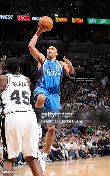 Shawn Marion of the Dallas Mavericks shoots against DeJuan Blair of the San Antonio Spurs in Game Three of the Western Conference Quarterfinals...