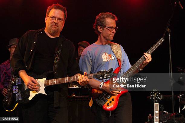 Authors Greg Iles and Ridley Pearson of the Rock Bottom Remainders performs at Nokia Theatre on April 23, 2010 in New York City.