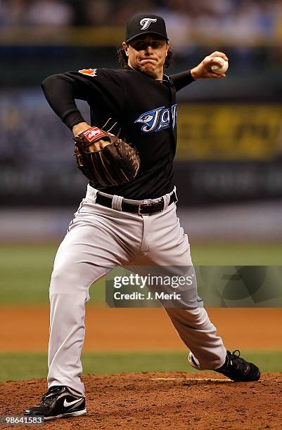 Pitcher Scott Downs of the Toronto Blue Jays pitches against the Tampa Bay Rays during the game at Tropicana Field on April 23, 2010 in St....