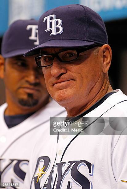 Manager Joe Maddon of the Tampa Bay Rays smiles against the Toronto Blue Jays during the game at Tropicana Field on April 23, 2010 in St. Petersburg,...