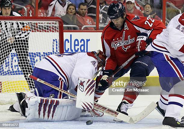 Mike Knuble of the Washington Capitals is stopped by Jaroslav Halak of the Montreal Canadiens in Game Five of the Eastern Conference Quarterfinals...