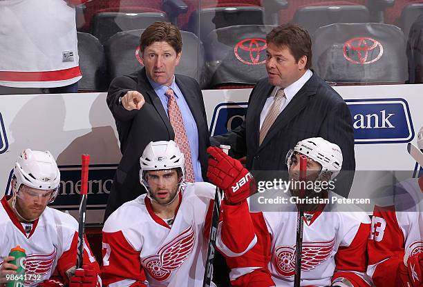 Head coach Mike Babcock of the Detroit Red Wings coaches in Game Five of the Western Conference Quarterfinals against the Phoenix Coyotes during the...