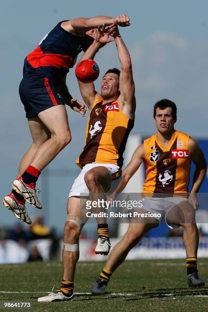 Sam Gibson of the Hawks attempts a mark during the round three VFL match between the Coburg Tigers and the Box Hill Hawks at Highgate Recreation...