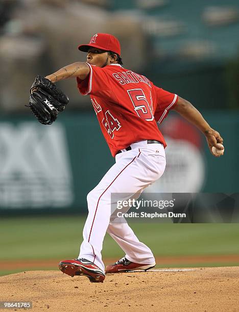 Ervin Santana of the Los Angeles Angels of Anaheim throws a pitch against the New York Yankees on April 23, 2010 at Angel Stadium in Anaheim,...