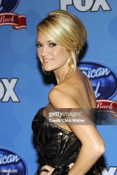 Carrie Underwood poses in the press room at Idol Gives Back at Pasadena Civic Center on April 21, 2010 in Pasadena, California.