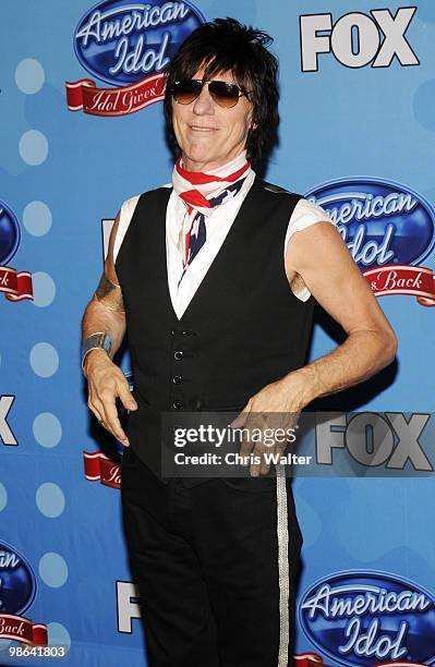 Jeff Beck poses in the press room at Idol Gives Back at Pasadena Civic Center on April 21, 2010 in Pasadena, California.