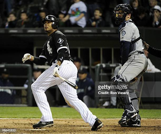 Andruw Jones of the Chicago White Sox hits a walk-off home run off of Mark Lowe of the Seattle Mariners on April 23, 2010 at U.S. Cellular Field in...