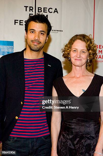 Actors Phillip Rhys and Melissa Leo attends the "The Space Between" premiere during the 9th Annual Tribeca Film Festival at Clearview Chelsea Cinemas...