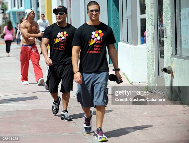 Michael 'The Situation' Sorrentino,Ronnie Ortiz-Magro and Vinny Guadagnino are seen on April 22, 2010 in Miami Beach, Florida.