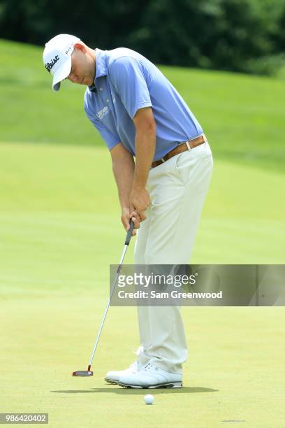 Bill Haas putts on the first green during the first round of the Quicken Loans National at TPC Potomac on June 28, 2018 in Potomac, Maryland.