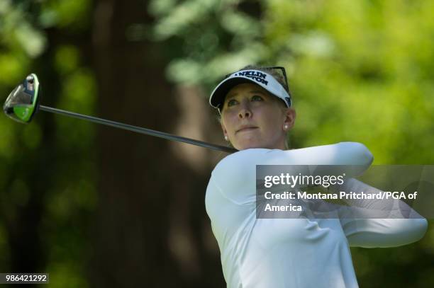 Jessica Korda of the United States watches her tee shot on the 12th hole during the first round of the 2018 KPMG Women's PGA Championship at Kemper...