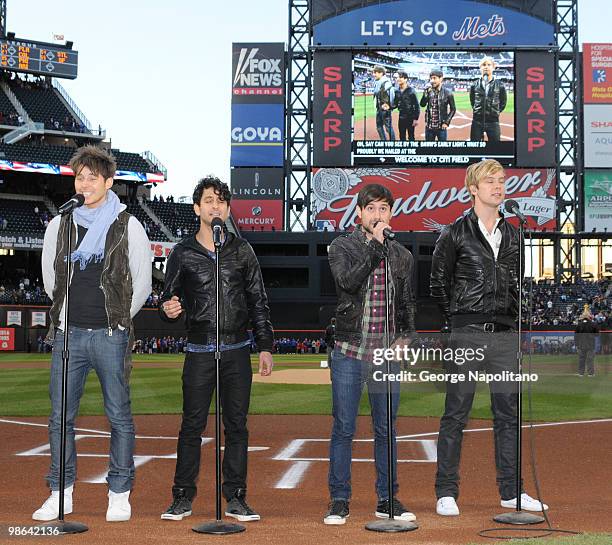 Alexander Noyes, Jason Rosen, Michael Bruno , Andrew Lee of the Honor Society perform the National Anthem at Citi Field on April 23, 2010 in the...
