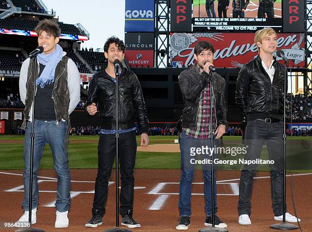 Alexander Noyes, Jason Rosen, Michael Bruno , Andrew Lee of the Honor Society perform the National Anthem at Citi Field on April 23, 2010 in the...