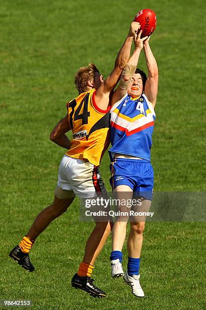Tom Wilson of the Ranges marks during the round four TAC Cup match between the Eastern Ranges and Dandenong Stingrays at Box Hill City Oval on April...