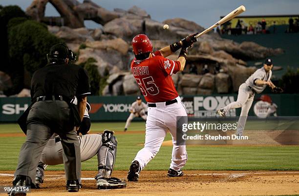 Hideki Matsui of the Los Angeles Angels of Anaheim lines out against pitcher A.J. Burnett of the New York Yankees on April 23, 2010 at Angel Stadium...