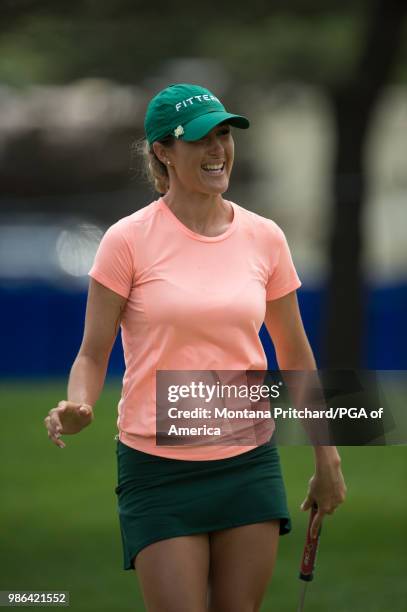 Jaye Marie Green of the United States reacts to her putt on the ninth hole during the first round of the 2018 KPMG Women's PGA Championship at Kemper...