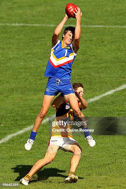 Aaron Mullett of the Ranges marks during the round four TAC Cup match between the Eastern Ranges and Dandenong Stingrays at Box Hill City Oval on...