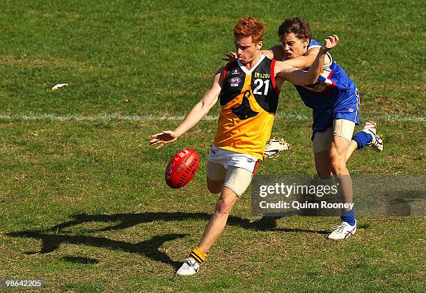 Alex Benbow of the Stingrays kicks for goal during the round four TAC Cup match between the Eastern Ranges and Dandenong Stingrays at Box Hill City...