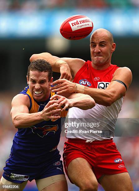 Tadhg Kennelly of the Swans competes for the ball against Ashton Hams of the Eagles during the round five AFL match between the Sydney Swans and the...